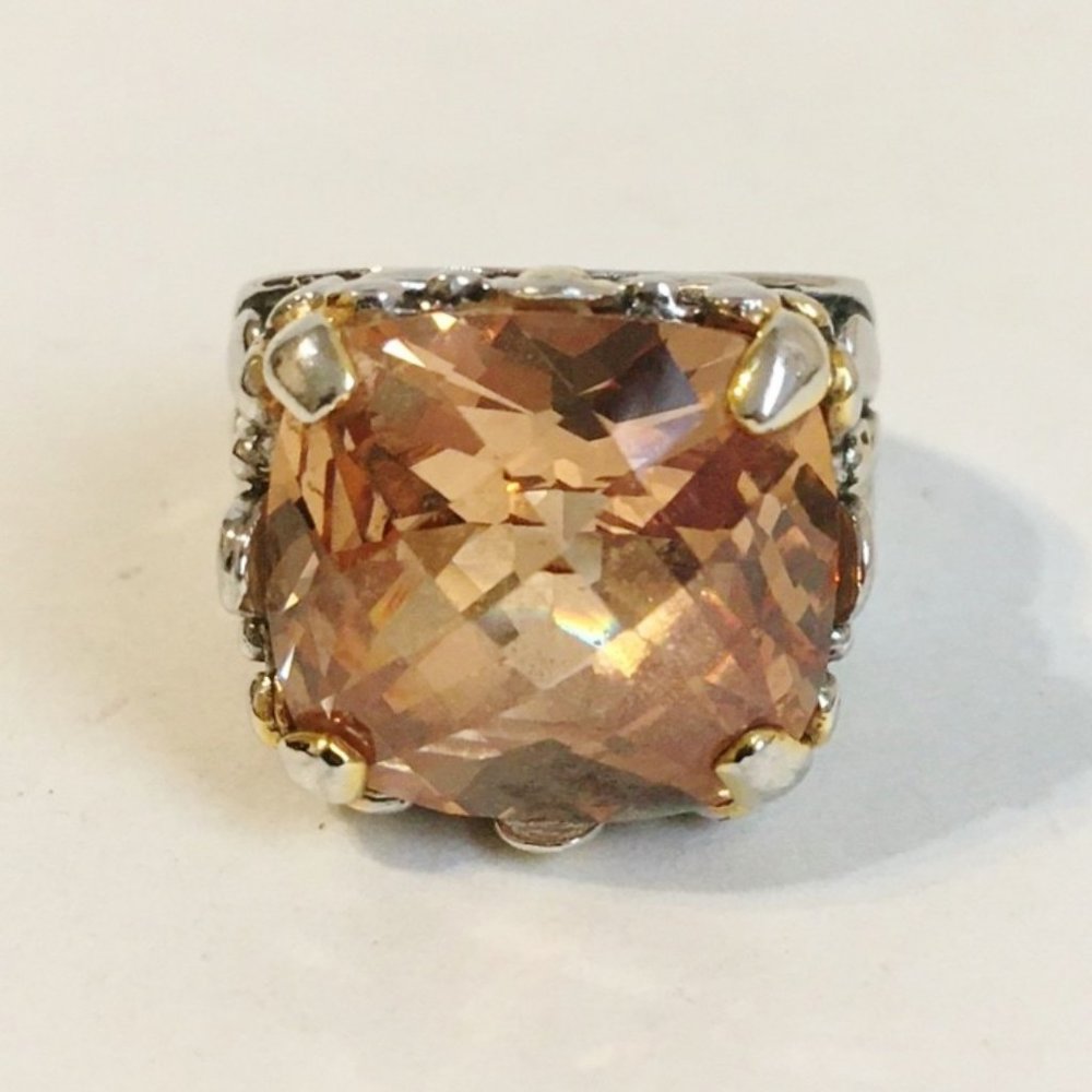 Amber Orange Stone Ring Ornate 18KGE Silver Gold - Picture 2 of 8